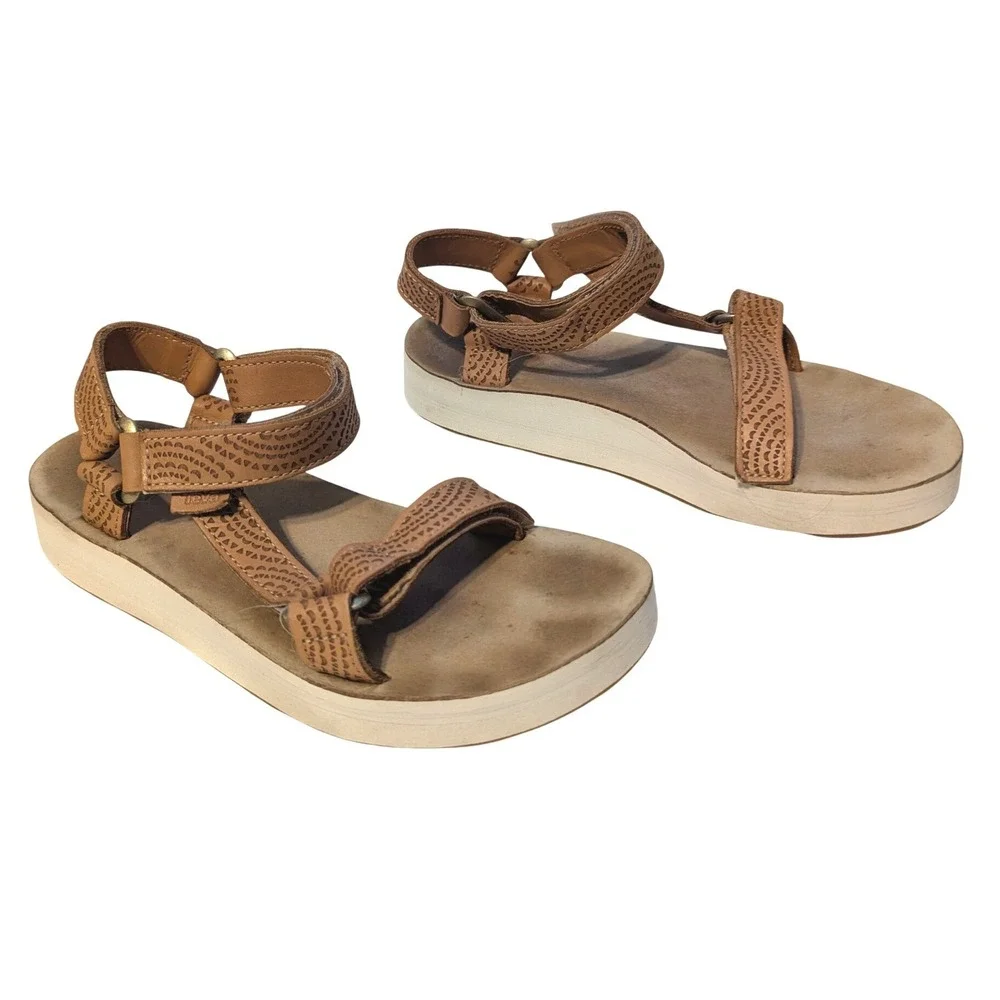 Teva Women's Size 8 Midform Universal Geometric Leather Platform Sandals Tan